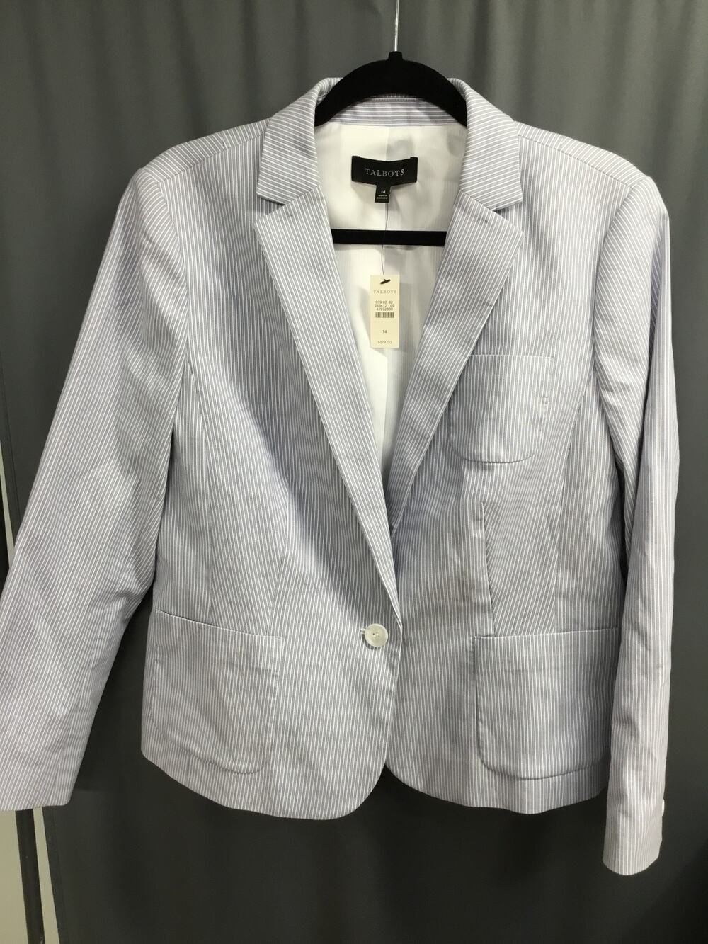 Talbots Blazer Womens 14 Blue White Striped Stretch One-Button Jacket Career NWT